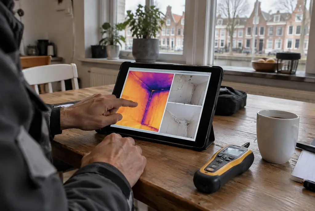 Lekdetectie Spakenburg – lekdetectierapport met warmtebeelden en foto's op een tablet