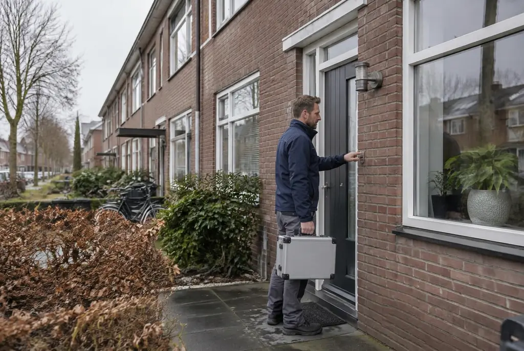 Lekdetectiespecialist met meetkoffer bij de voordeur van een woning in Spakenburg